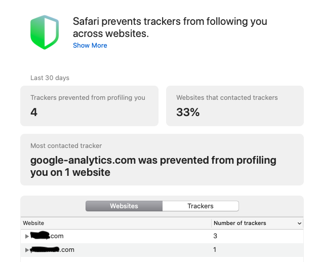 Màn hình Privacy Report trên Safari 14